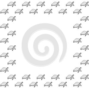 Square frame of black outline hand-drawn stylized turtles with zentangle ornament on a white background. Isolated template from re