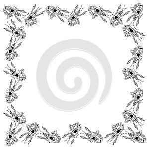A square frame of black and white crayfish with ethnic patterns. Isolated Astacidae family of crustaceans. Vintage zodiac signs Ca