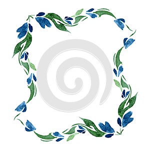 Square frame of blue bell flowers and green leaves. Watercolor. Isolate. Vector
