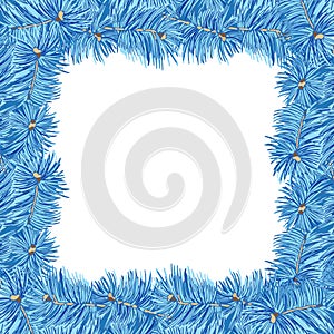 Square Frame. Blue fir branches. Vintage hand drawn collection of holiday decor and greeting cards. Vector illustration