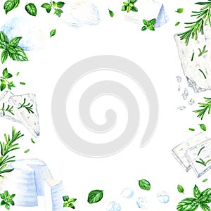 Square frame border with different kind of white cheeses and herbs. Watercolor illustration for clip art, cards, menu