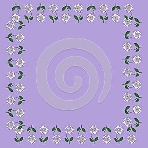 Square frame border of white daisy flowers on a purple background