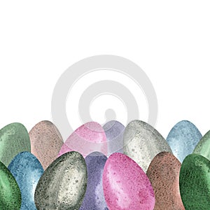 Square frame of bright Easter eggs in blue, pink, purple, green, gray and brown on a white background. Watercolor