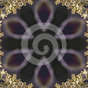 Square frame Circular glowing star shape iwth white flowers relfected around it in abstract copy space design