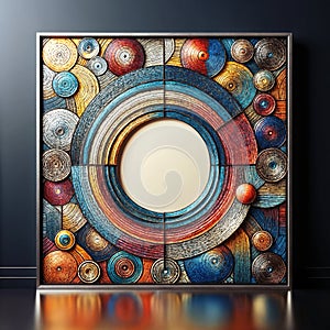 A square frame with a colorful, abstract design of nested circles in blue, red, orange, and yellow