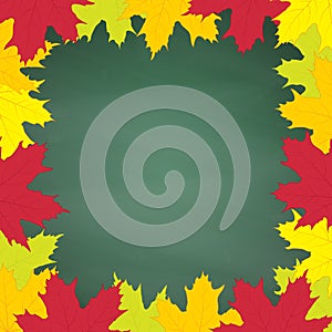 Square frame of colorful autumn maple leaves on green chalkboard. Vector illustration. EPS10