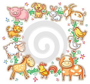 Square Frame with Cute Cartoon Farm Animals