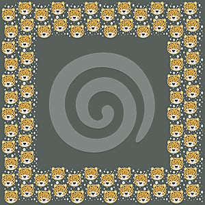 The square frame of cute cartoon yellow faces of leopard. Template with a place for the text of stylized portraits of wild animals