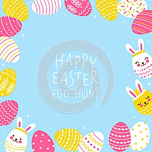 Square frame with cute decorated eggs - cartoon greeting card for happy Easter design
