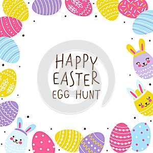 Square frame with cute decorated eggs isolated on white - cartoon greeting card for happy Easter design