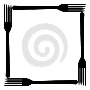 Square frame of four dinner forks on blank background. Food theme. Space for logo, menu, text, template for design.