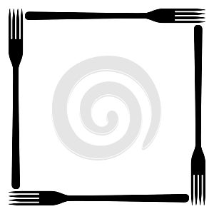 Square frame of four dinner forks on blank background. Food theme. Space for logo, menu, text, template for design.