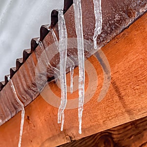 Square frame Icicles at the edge of corrugated metal roof with mound of fresh snow in winter