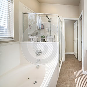 Square frame Interior of a bathroom with craftsman's style vanity