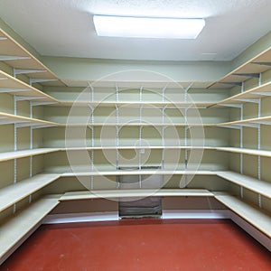 Square frame Interior of a food storage room with empty shelves at the basement