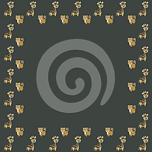 The square frame of joyful cartoon baby giraffes and leopards on a dark gray background.  African animals empty template.