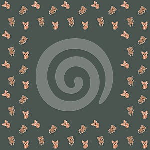 The square frame of joyful cartoon spider monkeys and African fennec foxes characters with white strokes on a green-gray backgroun