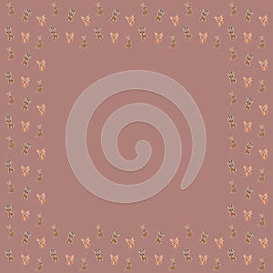 The square frame of joyful little African bush hares, fennec foxes, Dorcas gazelles with white outlines on a grayish pink backgrou