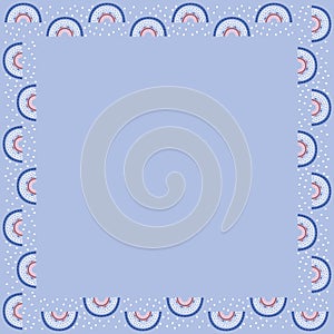 Square frame made of cute abstract rainbows on a gentle blue background with white drops. Isolated border with place for text in s