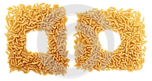Square frame made of dry rotini pasta over isolated white background