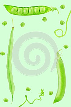 Square frame made of green pea with copyspase inside isolated on a white.