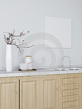 Square frame mockup in a kitchen with decorations