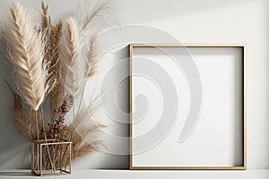 square frame mockup whith pampas in boho style, Generative AI photo