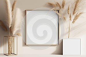 square frame mockup whith pampas in boho style, Generative AI photo