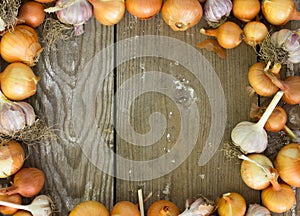 Square frame of onions. Space for text. Harvest of onion. Onion photo
