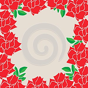 Square frame of red blossom rose flowers with green leafs. Vector template greeting card for wedding or Valentine`s day