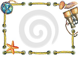 Square frame with rope, nautical objects.