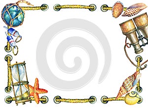 Square frame with rope, nautical objects.