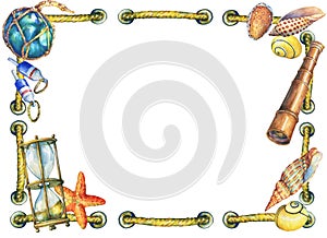 Square frame with rope, nautical objects.