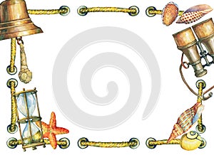 Square frame with rope, nautical objects.