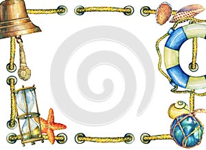 Square frame with rope, nautical objects.