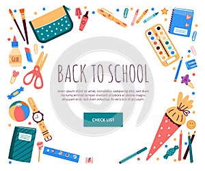 Square frame with school stationery objects.Vector illustration in flat style