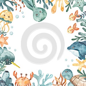 Square frame with sea animals, underwater creatures, crab, octopus, fish, algae, corals