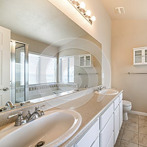 Square frame Spacious bathroom interior with windows and small wall cabinet on the front wall