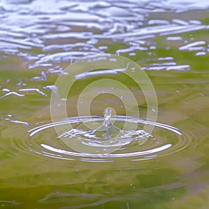 Square frame Stone dropped in water creating a splash and ripple on the glistening lake