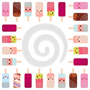 Square frame for text ice cream, ice lolly Kawaii with pink cheeks and winking eyes, pastel colors on white background. Vector