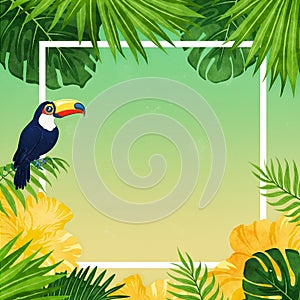 Square frame with tropical palm leaves and toucan bird with empty copy space in the middle