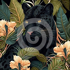 Square frame of a tropical pattern with a black panther. Leafy background from the rainforest. Wild cat.