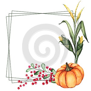 Square frame with watercolor illustrations of pumpkin, cranberry and corn