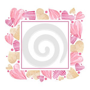 Square frame with watercolor pink and gold hearts for Valentine's Day with space for text