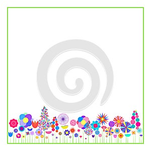 Square frame on white background with colorful flowers. Vector illustration