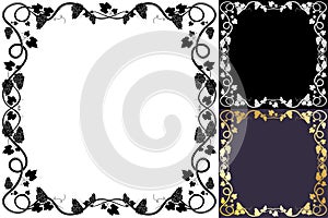 Square frame for wine or juice packaging. Bunch of grapes with leaves and tendrils. Autumn harvest. Advertising label with berry