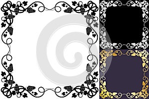 Square frame for wine packaging. Bunch of grapes with leaves and tendrils. Autumn harvest. Advertising label with berry silhouette