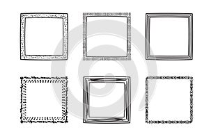 Square frames doodle set,hand-drawn monograms.Edgings and cadres with simple sketchy design elements.Isolated. Vector illustration