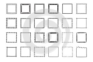 Square frames doodle set,hand-drawn monograms.Edgings and cadres with simple sketchy design elements.Isolated. Vector illustration