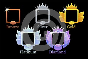 Square frames game rank, gold, silver, platinum, bronze, diamond avatar template 6 steps animation for game.